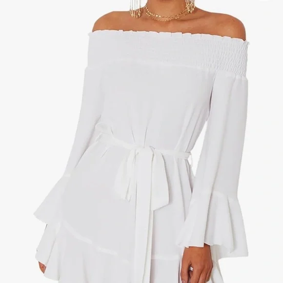 Womens Off Shoulder Flared Drop Hem Tied Casual Dress, White, Small | Color: White | Size: S